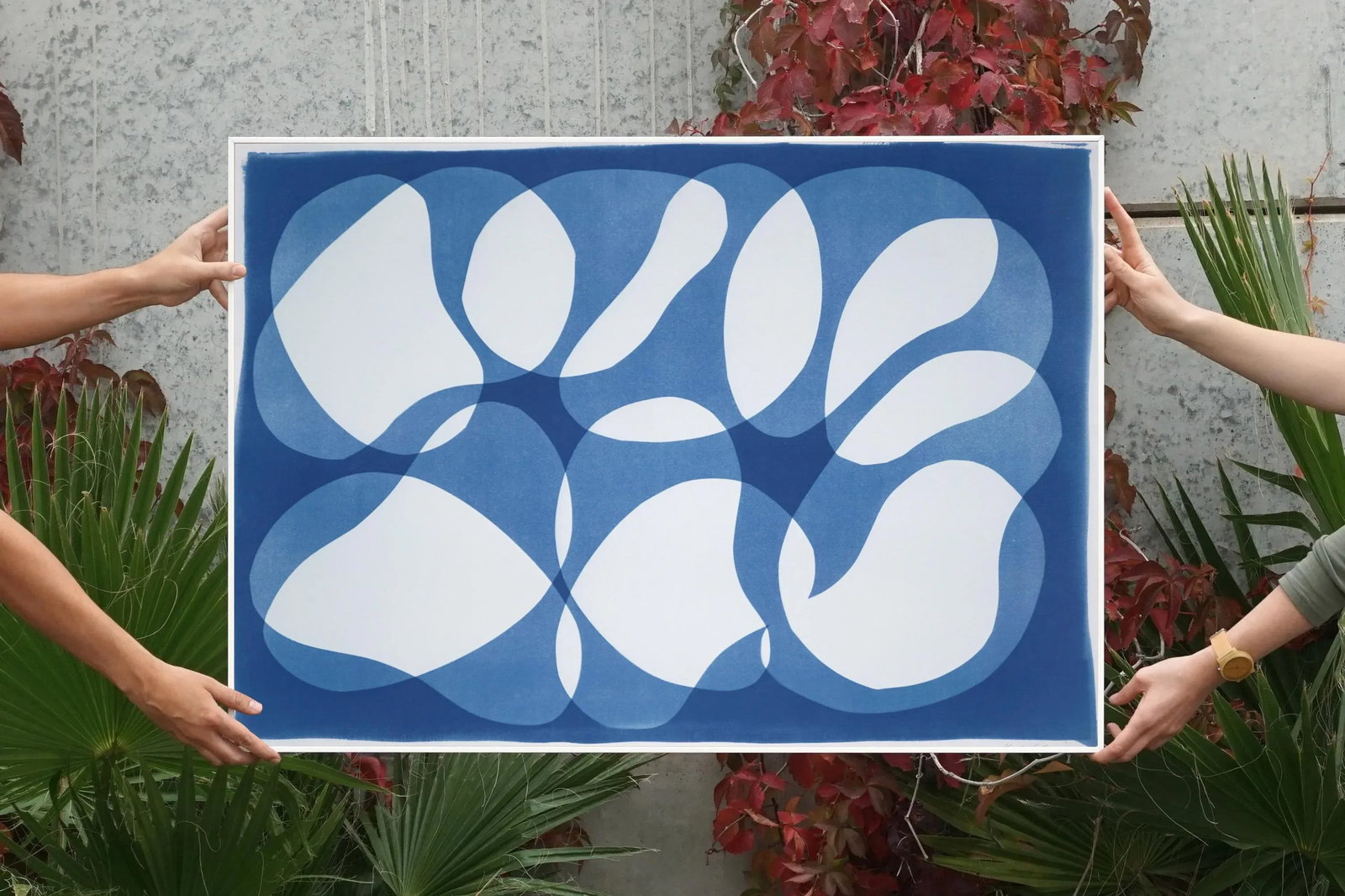 2022, Handmade Monotype in Blue Tones, Minimalistic Style of "Blue Beaded Bracelet", Cyanotype Print - 7