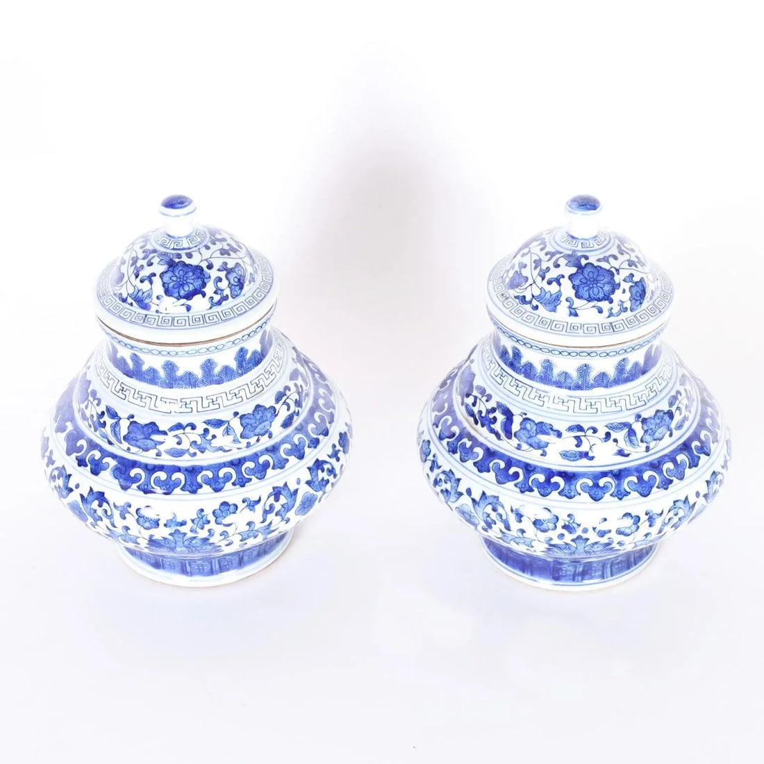 Pair of Blue and White Porcelain Lidded Urns - 2