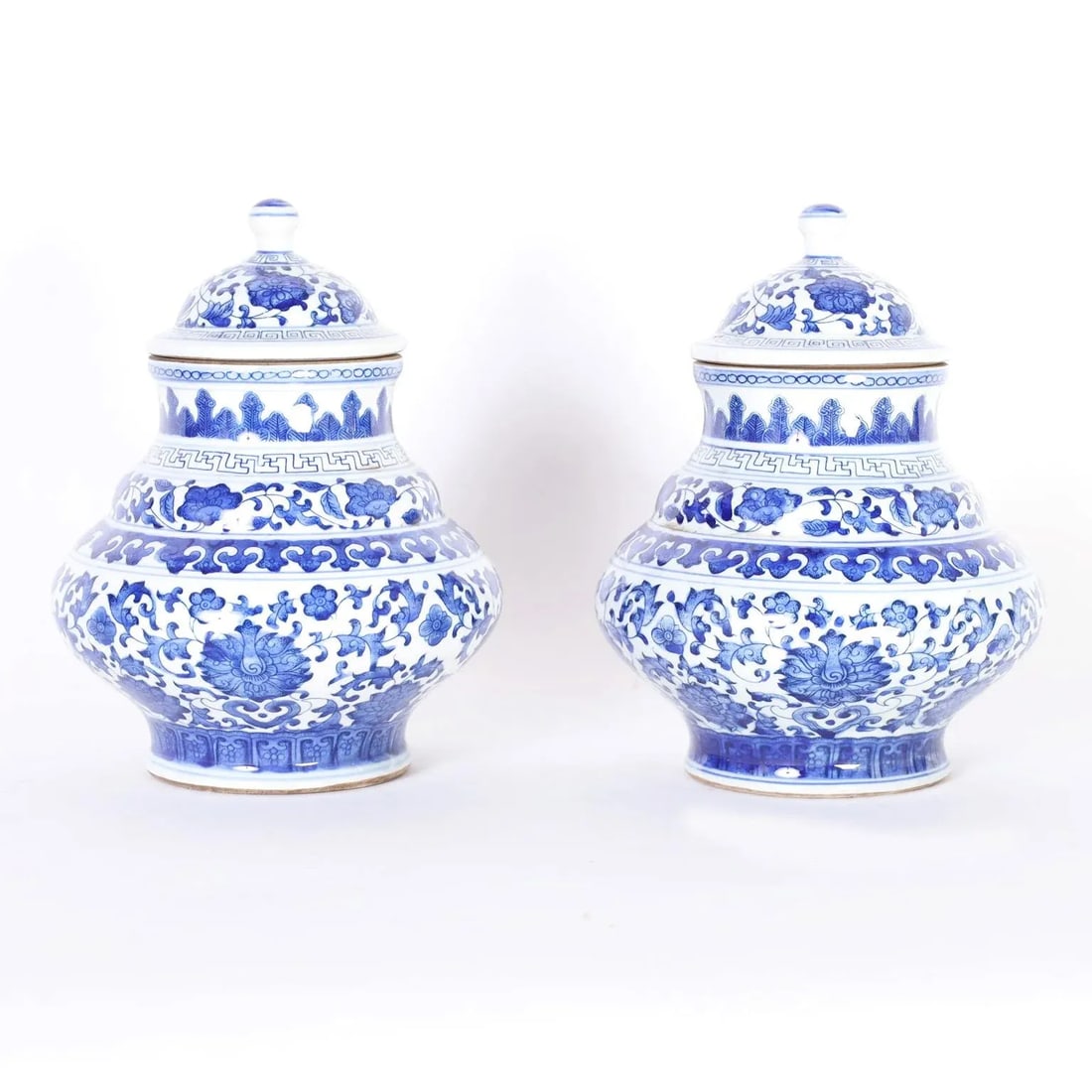 Pair of Blue and White Porcelain Lidded Urns - 6