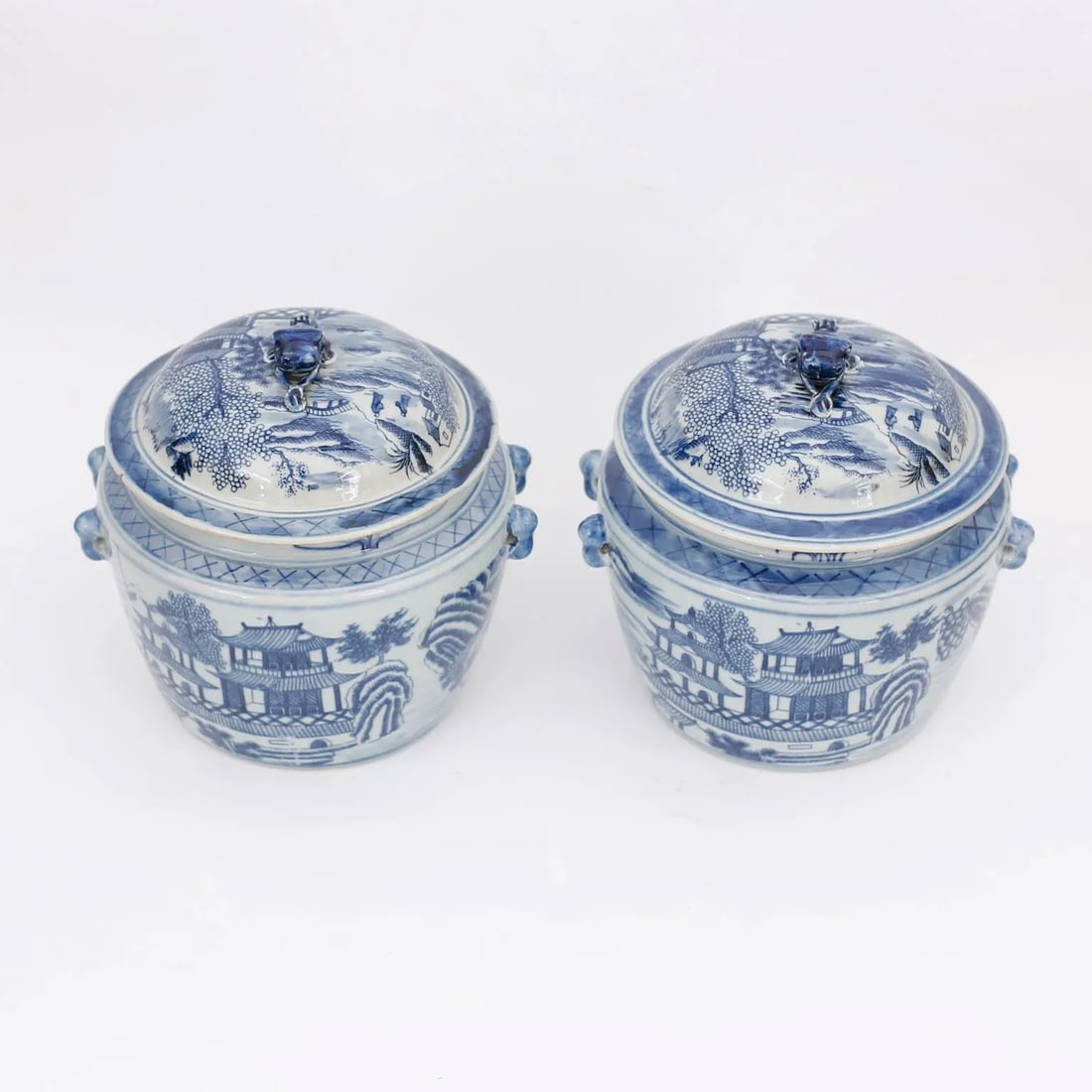 Pair of Blue and White Porcelain Pots With Pagodas` - 2