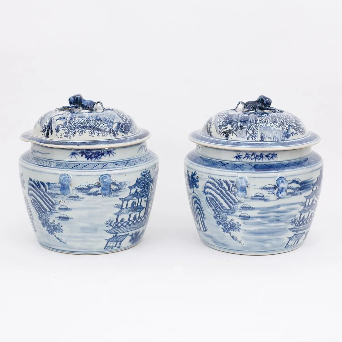 Pair of Blue and White Porcelain Pots With Pagodas` - 3