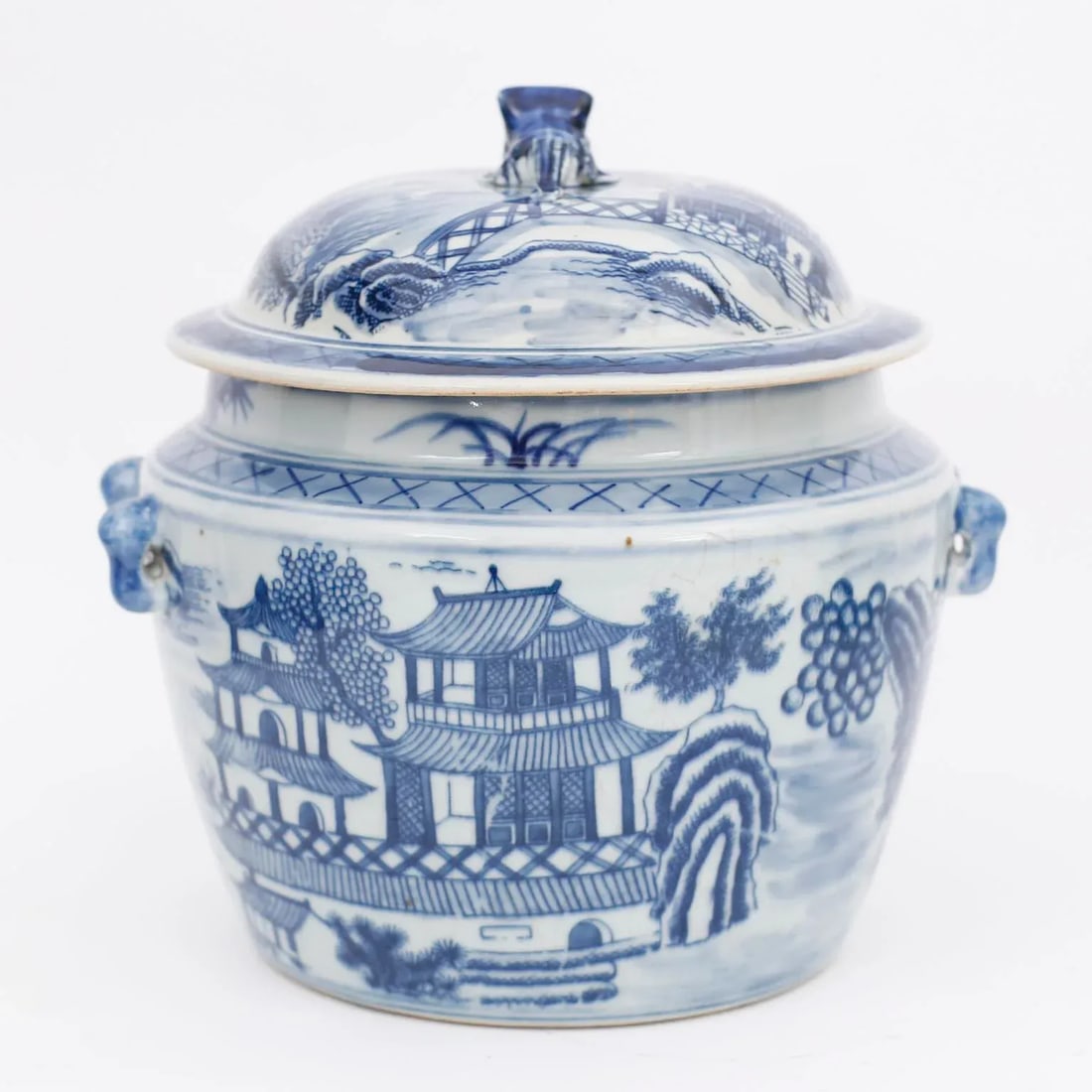 Pair of Blue and White Porcelain Pots With Pagodas` - 4