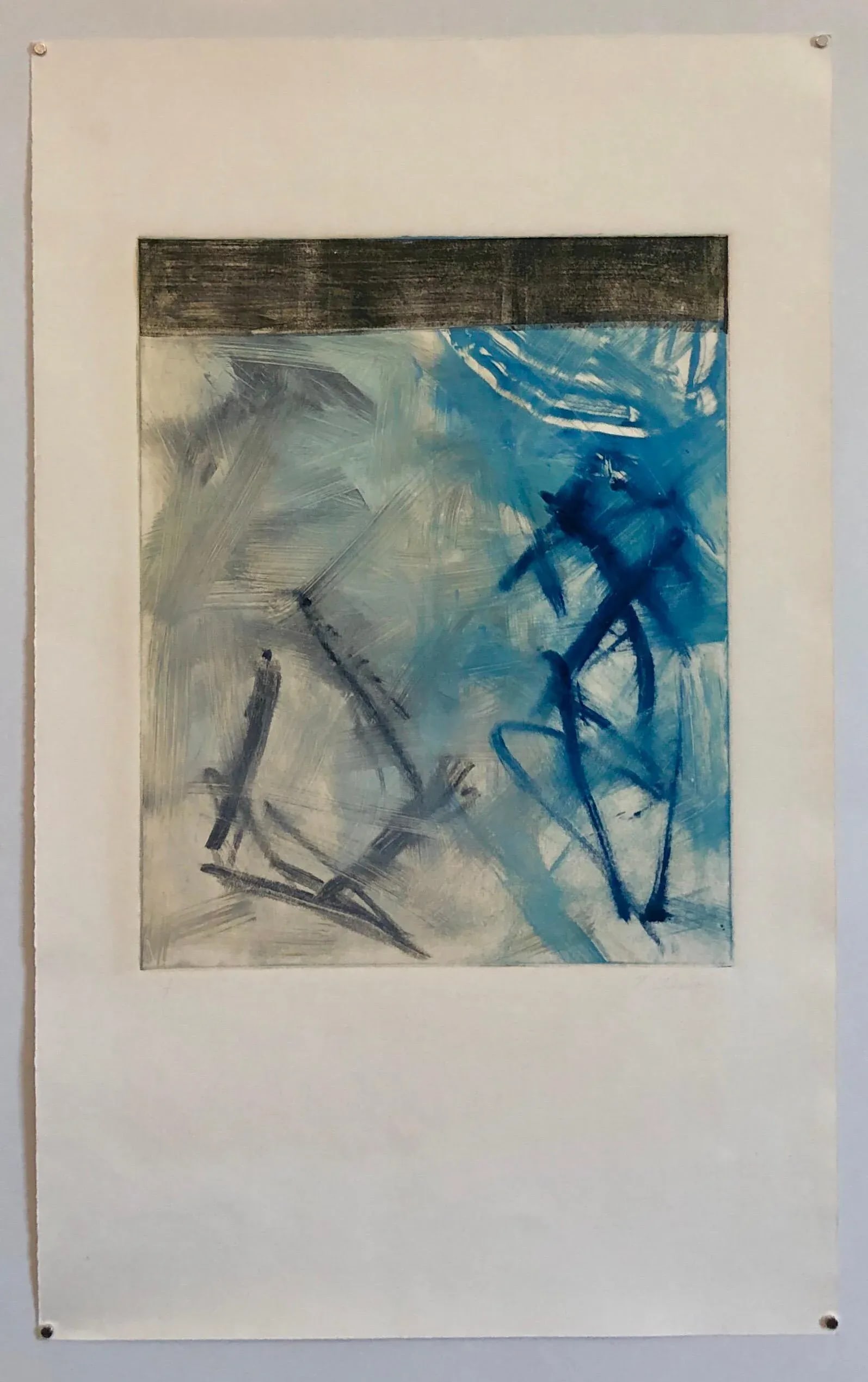 Pierre Obando, Abstract Expressionist Modernist Blue Grey Monoprint Monotype Painting Print, 1997 - 7