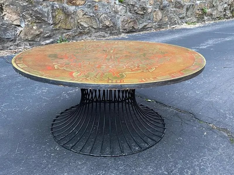 Signed Mid Century Decorated Metal Top Warren Platner Style Coffee Table - 2