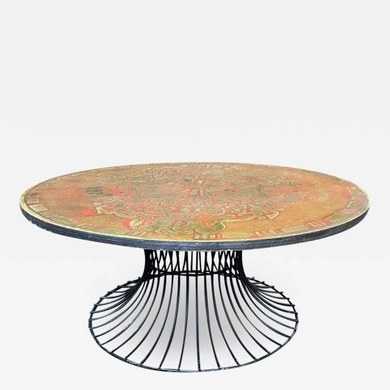 Signed Mid Century Decorated Metal Top Warren Platner Style Coffee Table - 7