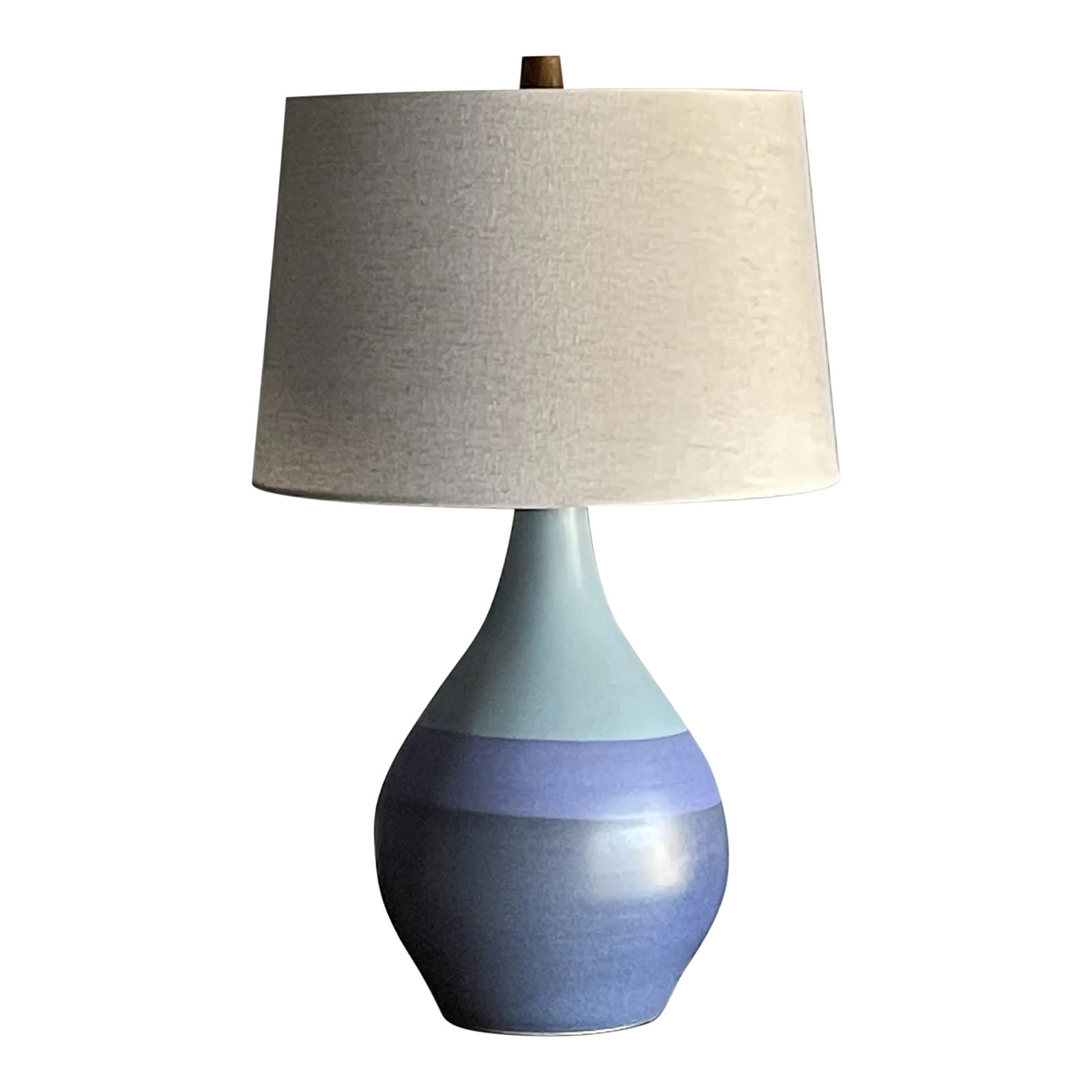 1970s Jane and Gordon Martz Ceramic Table Lamp: Beautiful table lamp designed by Jane and Gordon Martz for Marshall Studios. Features a flat glaze with blues and a purple hue. Wonderful shape and unique color palette Dimensions overall: 25.5" tall 