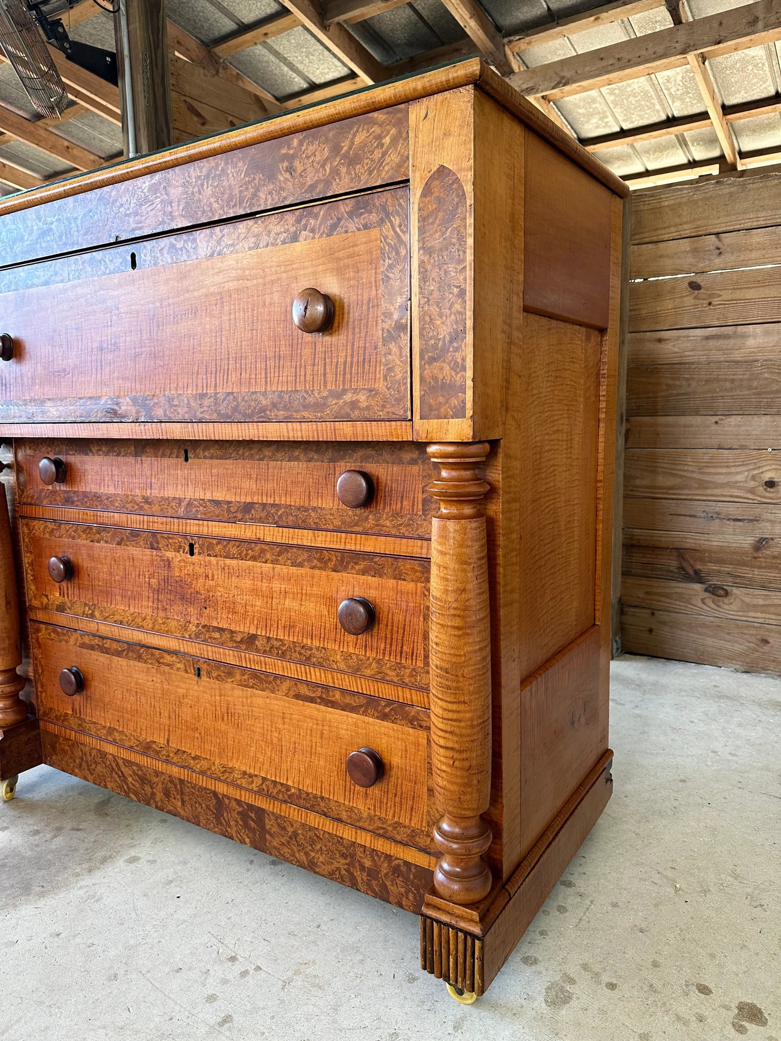 Mid-19th Century American Empire Tiger Maple Burlwood Laminate Four Drawer Chest Highboy - 2