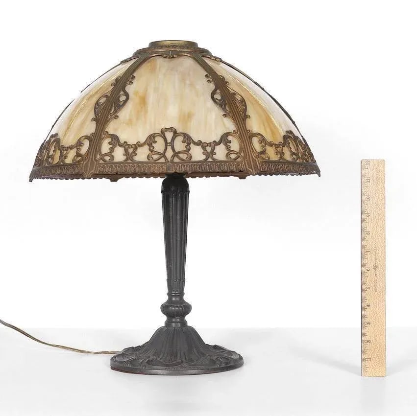 Pittsburgh 6 Bent Panel Slag Glass Leaded Table Lamp - 2
