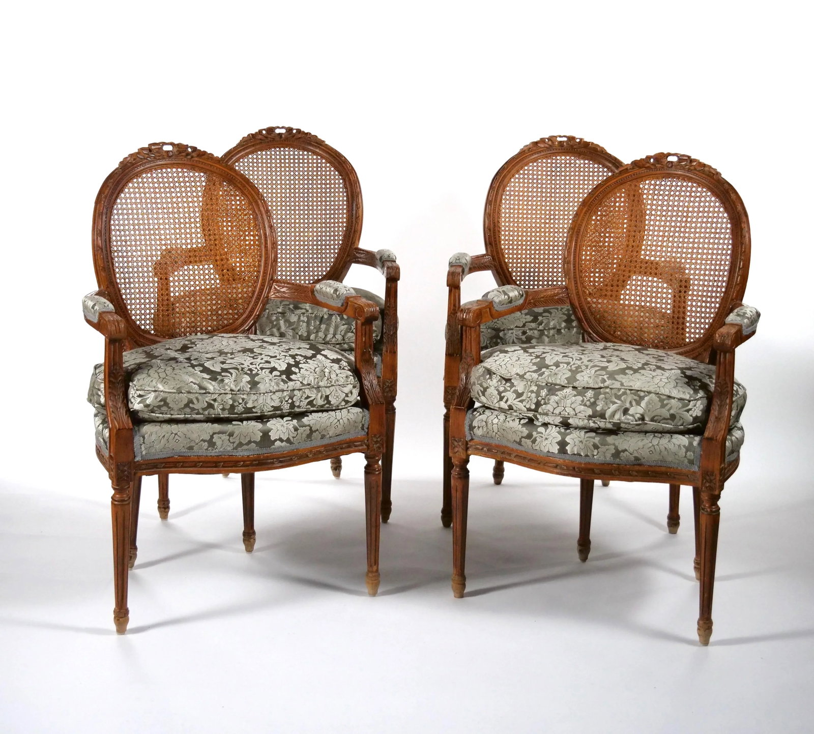Early 20th Century Louis XVI Style Walnut Caned Needlepoint Lounge Chairs - 2