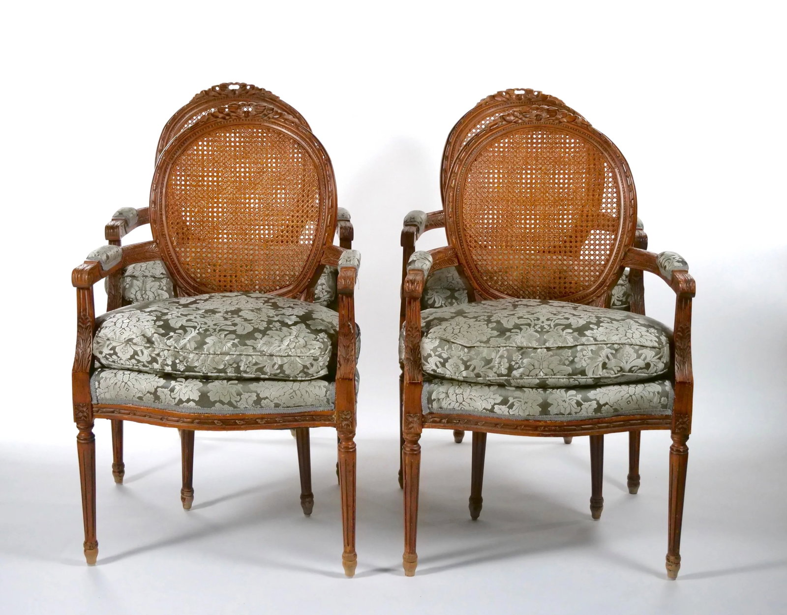 Early 20th Century Louis XVI Style Walnut Caned Needlepoint Lounge Chairs - 3