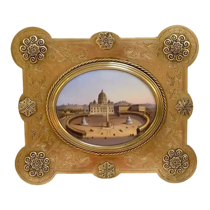 19th C Grand Tour Painting on Porcelain View of Vatican/St. Peter's Basilica: 19th century Grand Tour Painting on Porcelain View of Vatican/St. Peter's Basilica Italy, circa 1880s Standing in rectangular gilt bronze engraved frame with applied stylized flower-heads, holding