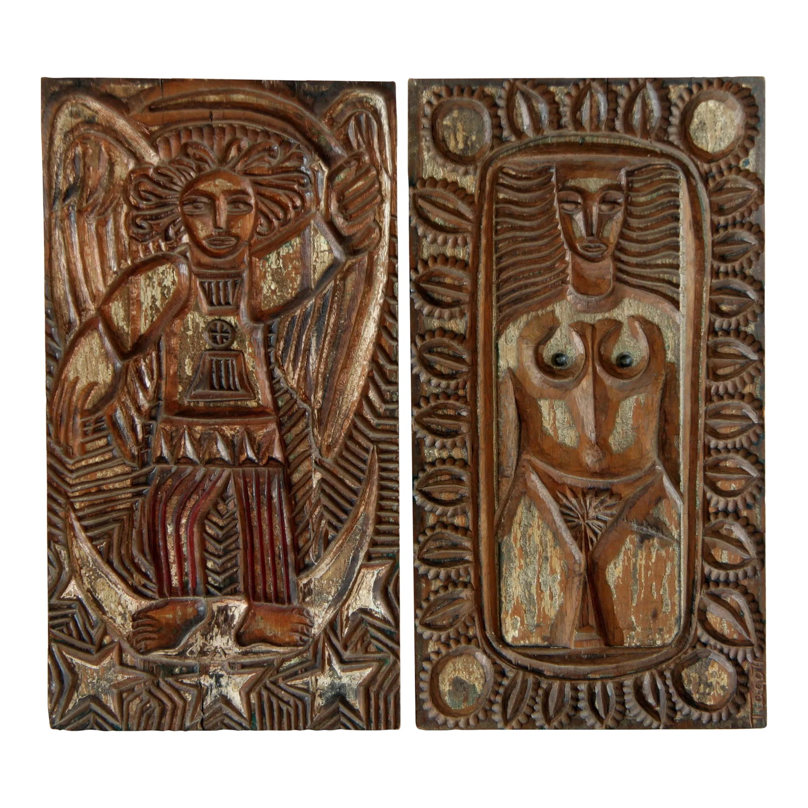 Vintage 1970's Brazilian Expressionist Folk Art Wall Plaques by Tiago Amorim: For your consideration is a fabulous pair of vintage c.1971 expressionist outsider art / folk art wood carvings by well known Brazilian artist, Tiago Amorim of Olinda. They are absolutely stunning