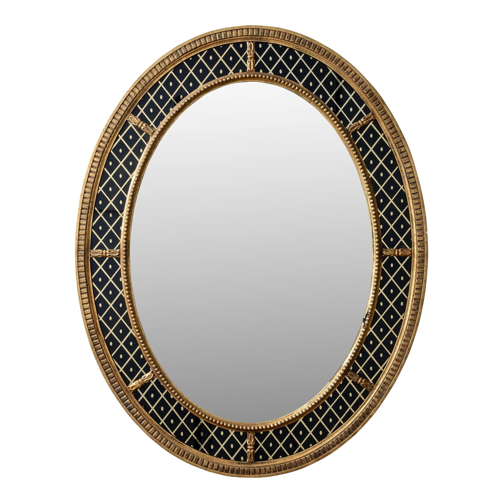 Mario Buatta for Widdicomb Eglomise Mirror: An eglomise oval framed mirror by Mario Buatta for Widdicomb. 32 Â½ inches wide by 41 Â¾ inches tall Condition: Alterations: Original Condition Unaltered Imperfections: Some