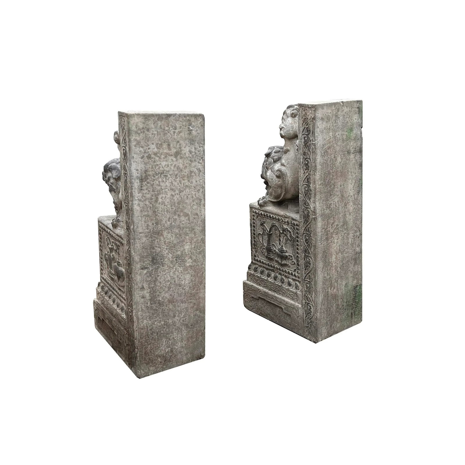 Chinese Pair Gray Stone Fengshui Foo Dogs Lions Door Block Statue - 4