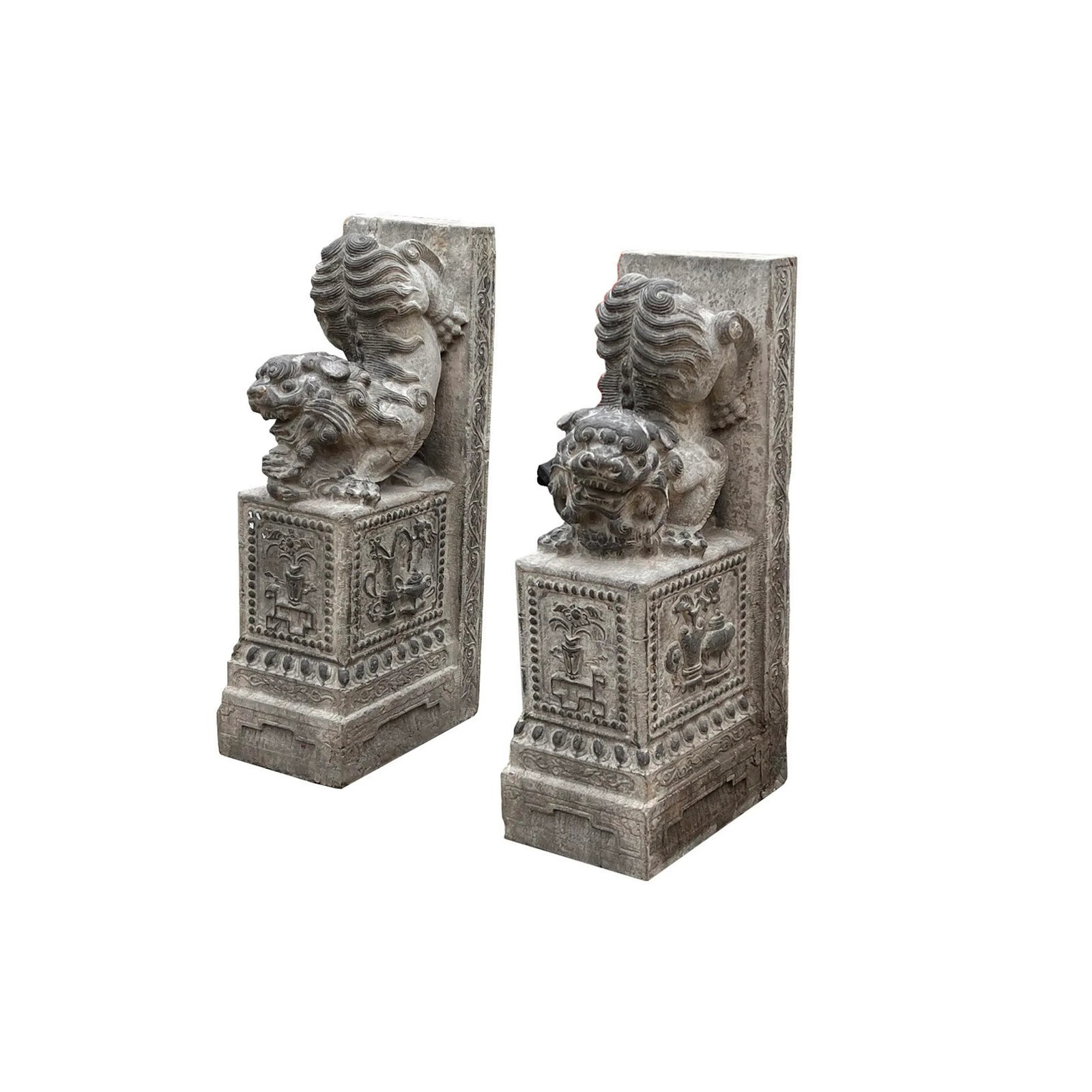Chinese Pair Gray Stone Fengshui Foo Dogs Lions Door Block Statue - 6