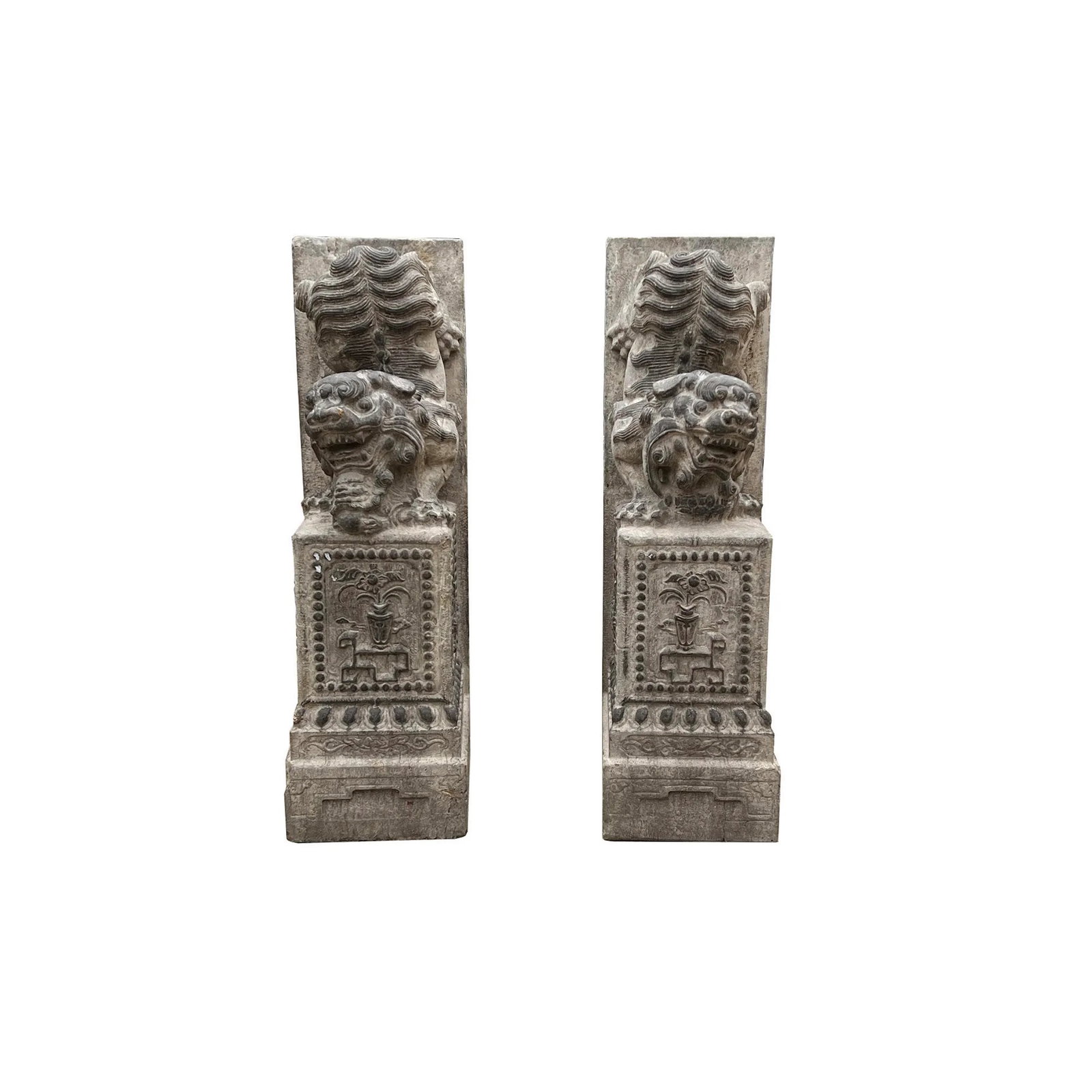 Chinese Pair Gray Stone Fengshui Foo Dogs Lions Door Block Statue - 9