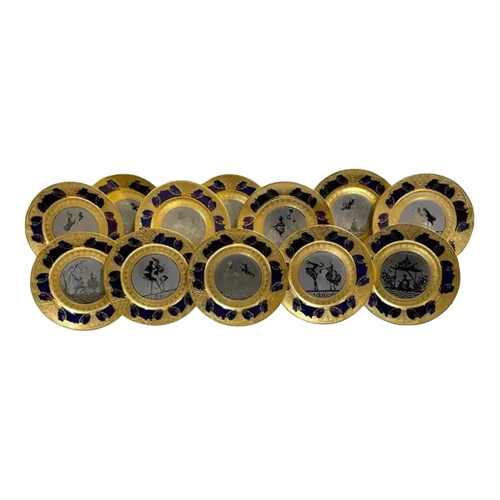 Early 20th Century Limoges Gold & Platinum Encrusted Operatic Service Plates - Set of 12: 12 Magnificent Limoges Gold & Platinum Encrusted Operatic Service plates France, 1920s, Pre WWII A stunning set of transitional design from Belle Epoque to Art Deco, the combination of rare materials 
