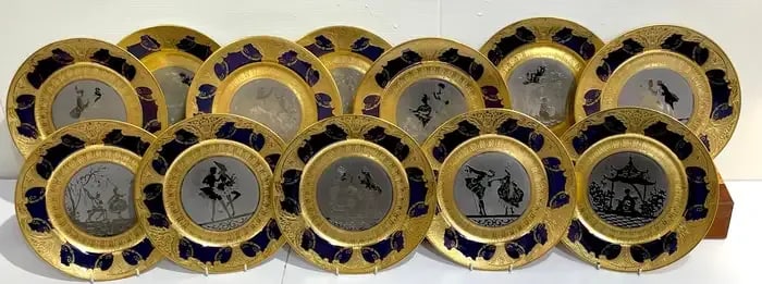 Early 20th Century Limoges Gold & Platinum Encrusted Operatic Service Plates - Set of 12 - 8