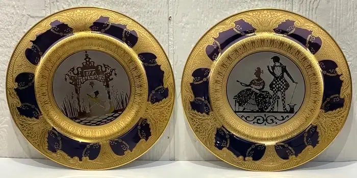Early 20th Century Limoges Gold & Platinum Encrusted Operatic Service Plates - Set of 12 - 9