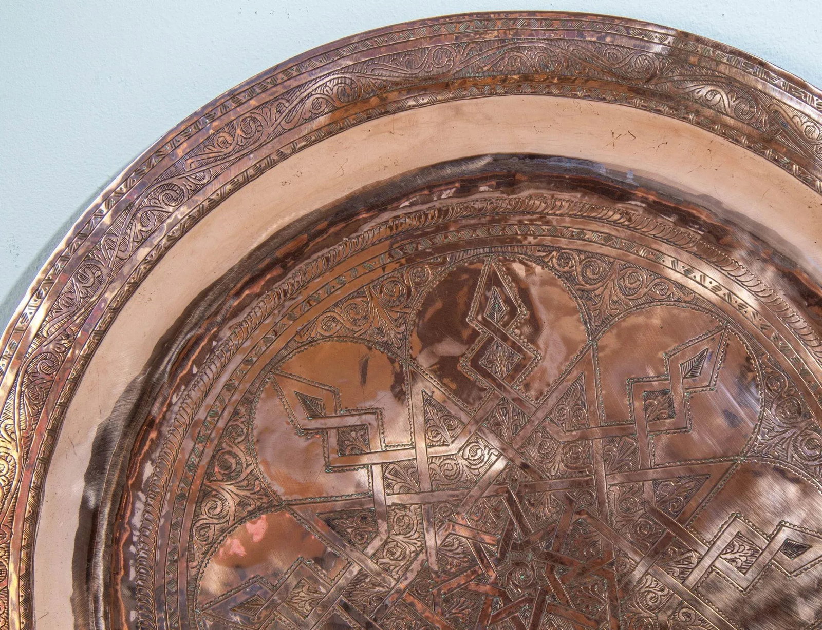 1920s Antique Hand Tooled Oversized Moroccan Metal Copper Tray 31 In. D. - 10