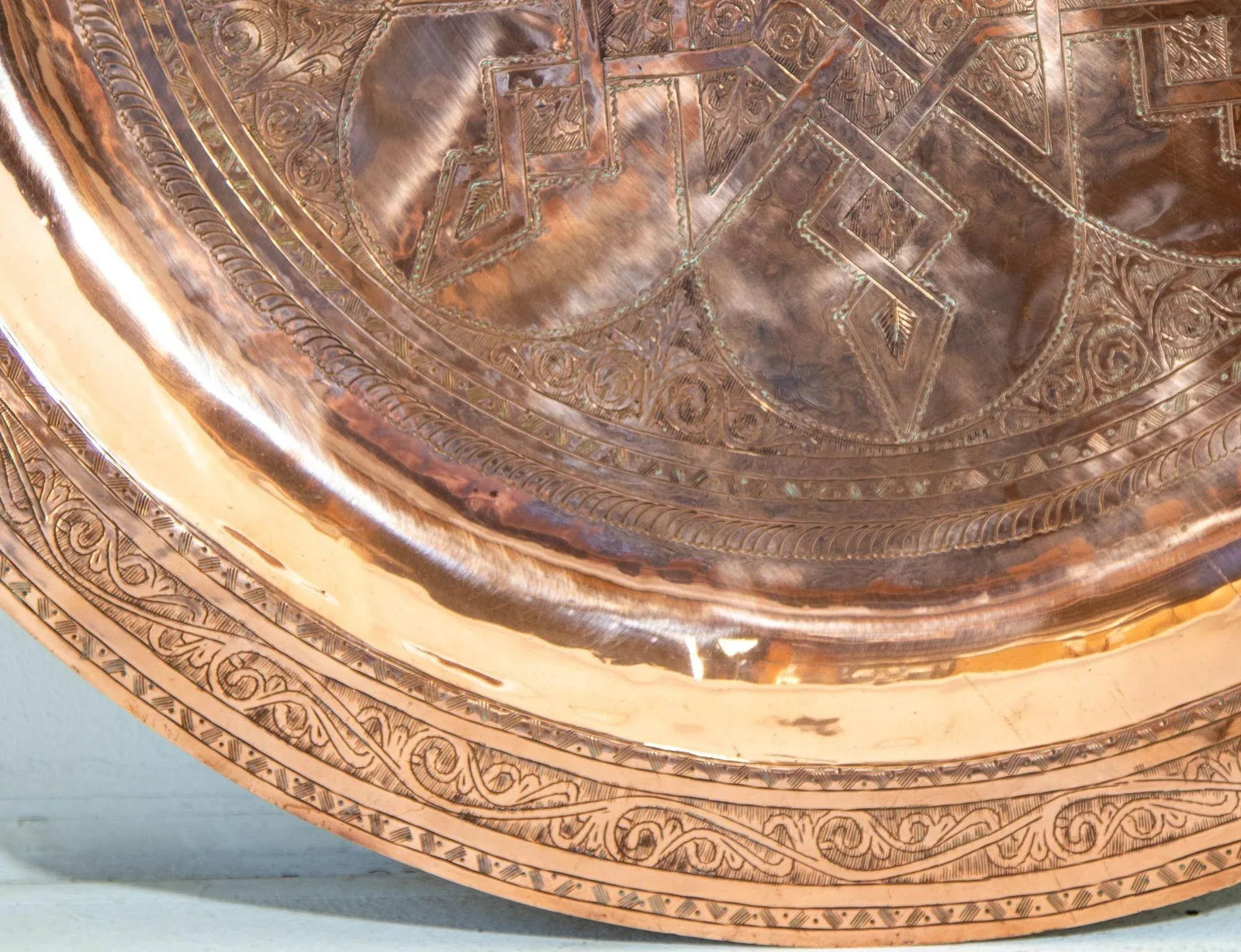 1920s Antique Hand Tooled Oversized Moroccan Metal Copper Tray 31 In. D. - 11