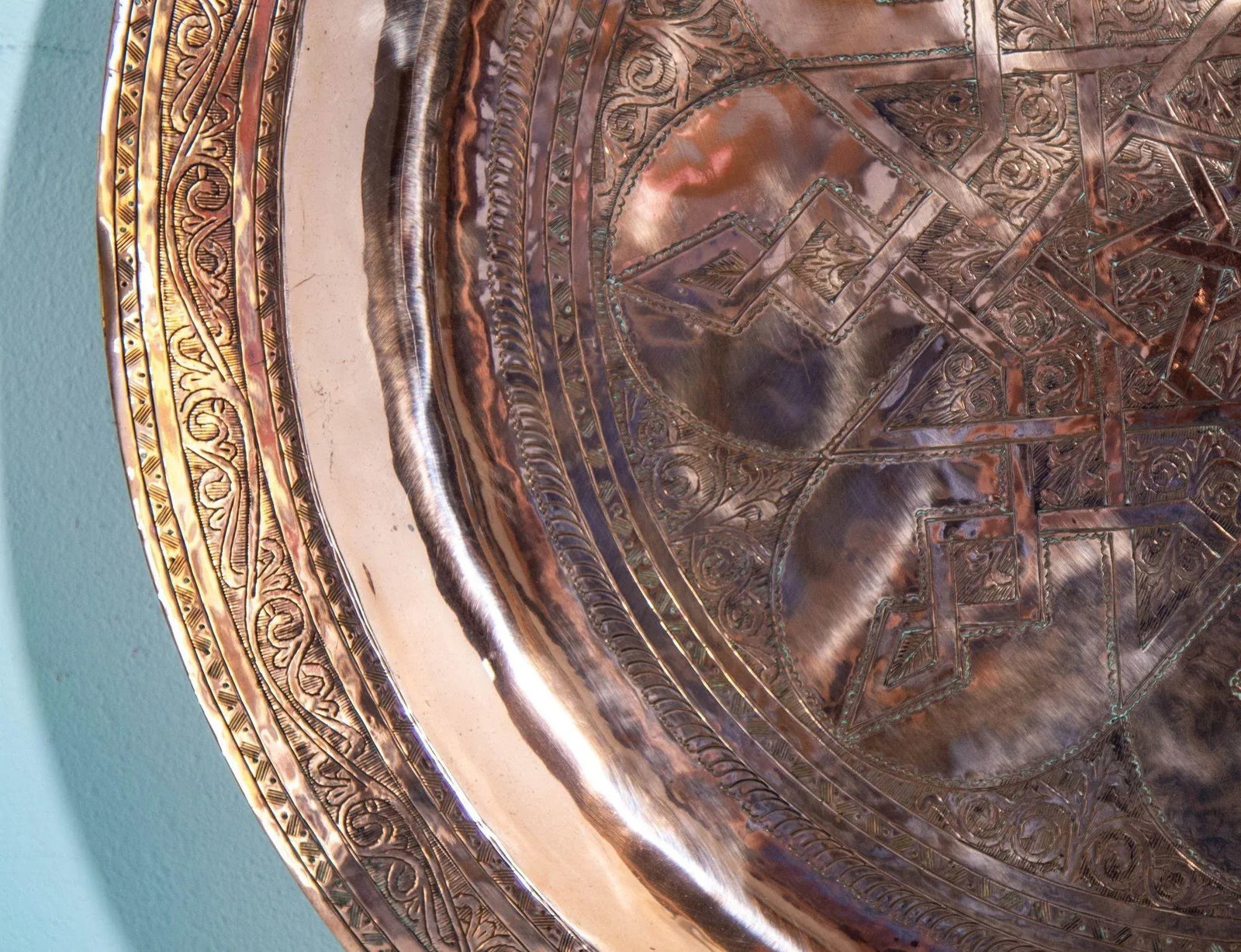 1920s Antique Hand Tooled Oversized Moroccan Metal Copper Tray 31 In. D. - 12
