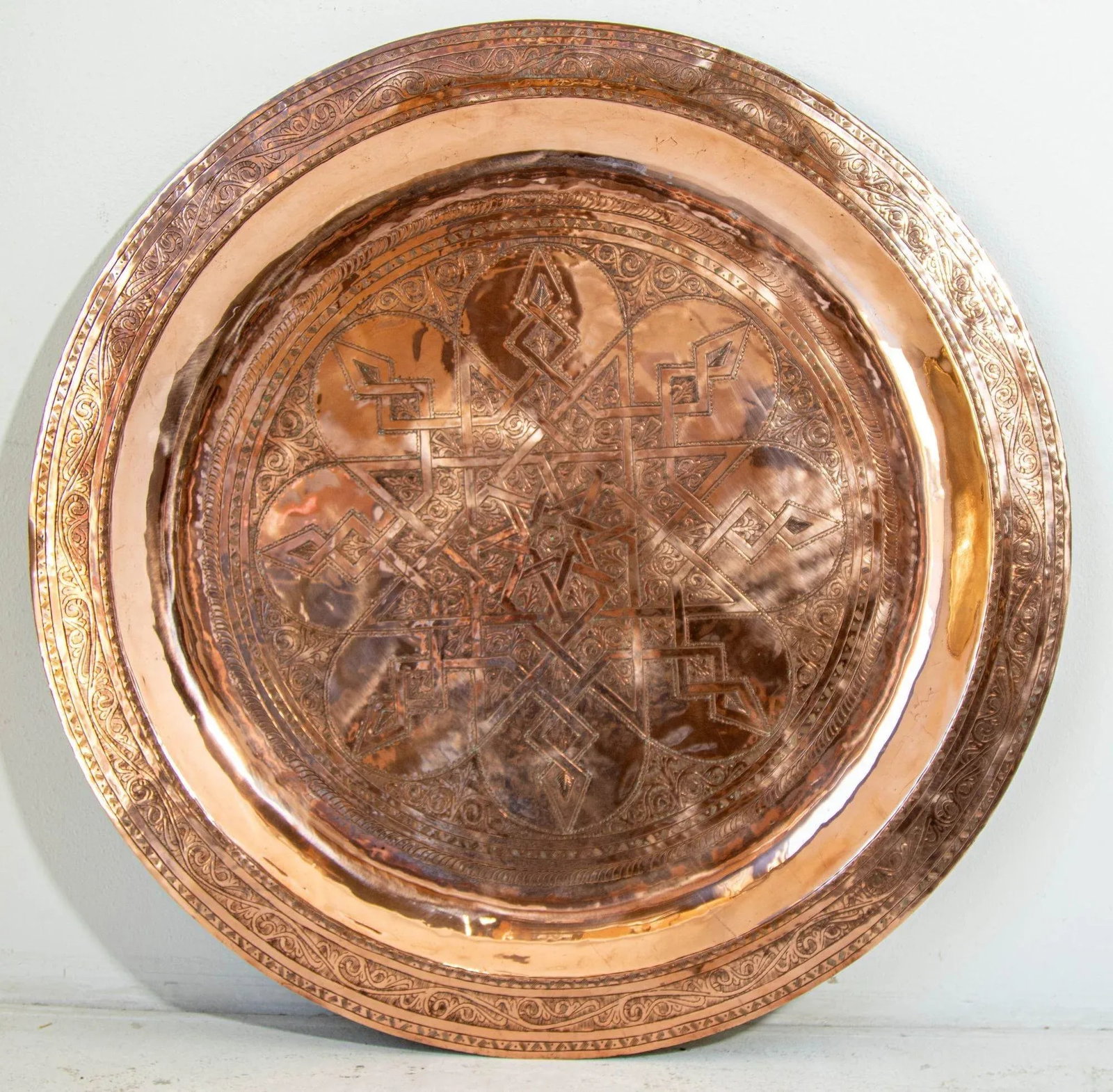1920s Antique Hand Tooled Oversized Moroccan Metal Copper Tray 31 In. D. - 13