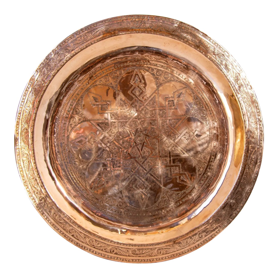 1920s Antique Hand Tooled Oversized Moroccan Metal Copper Tray 31 In. D. (1 of 13)