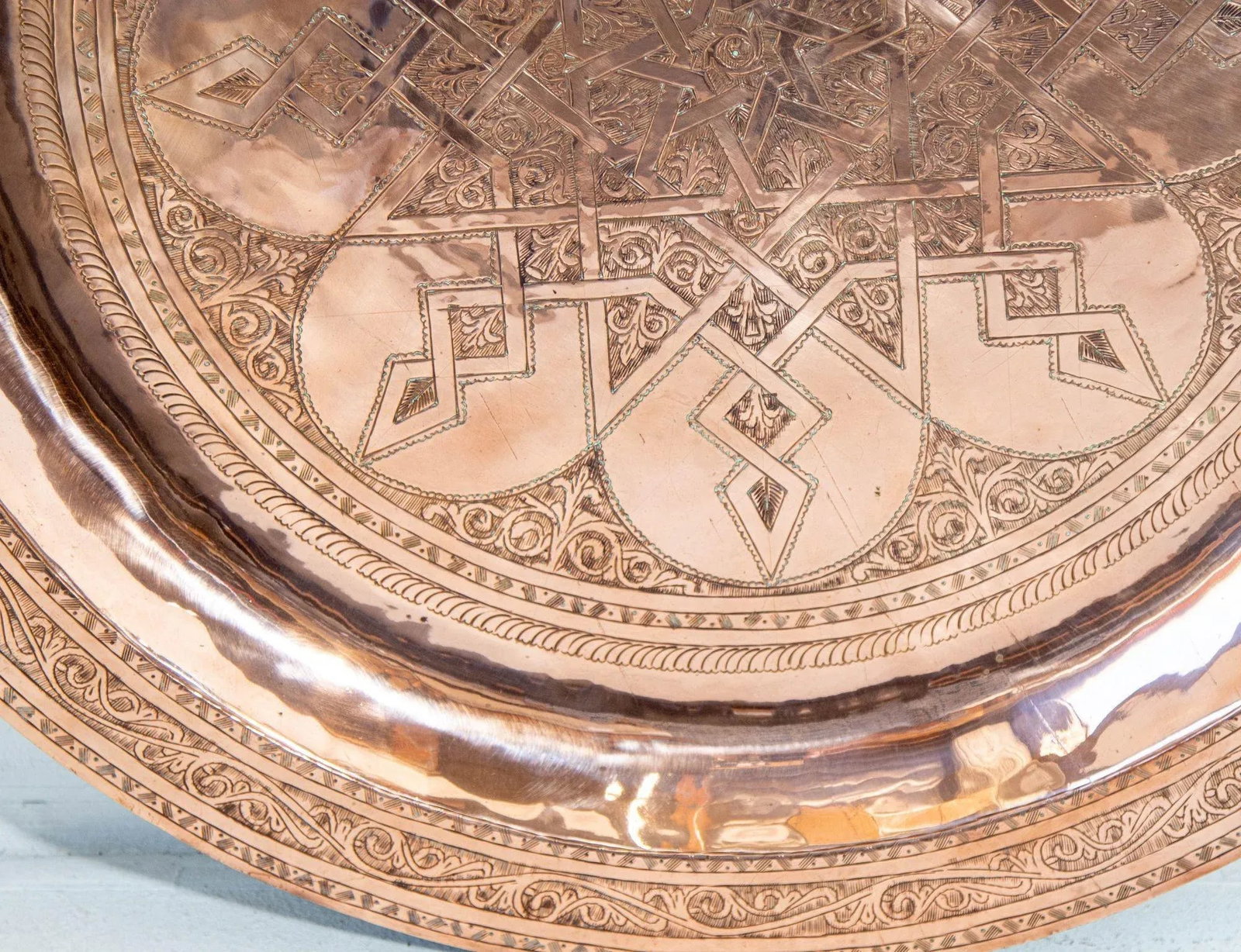 1920s Antique Hand Tooled Oversized Moroccan Metal Copper Tray 31 In. D. - 5