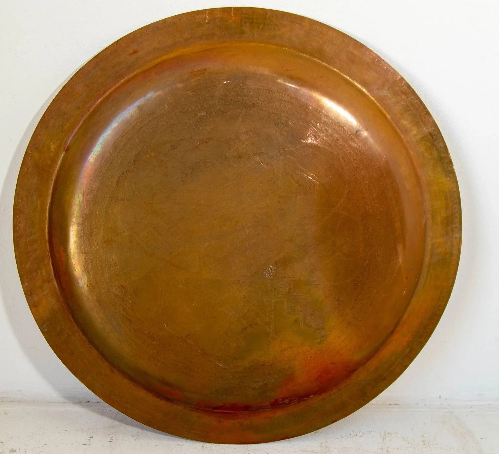 1920s Antique Hand Tooled Oversized Moroccan Metal Copper Tray 31 In. D. - 6