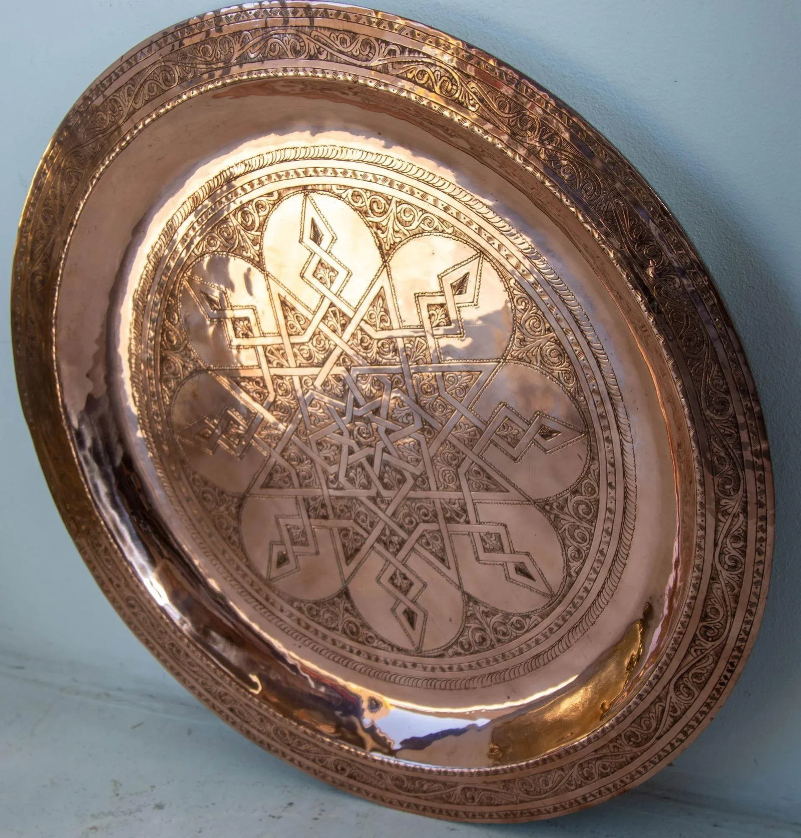 1920s Antique Hand Tooled Oversized Moroccan Metal Copper Tray 31 In. D. - 8