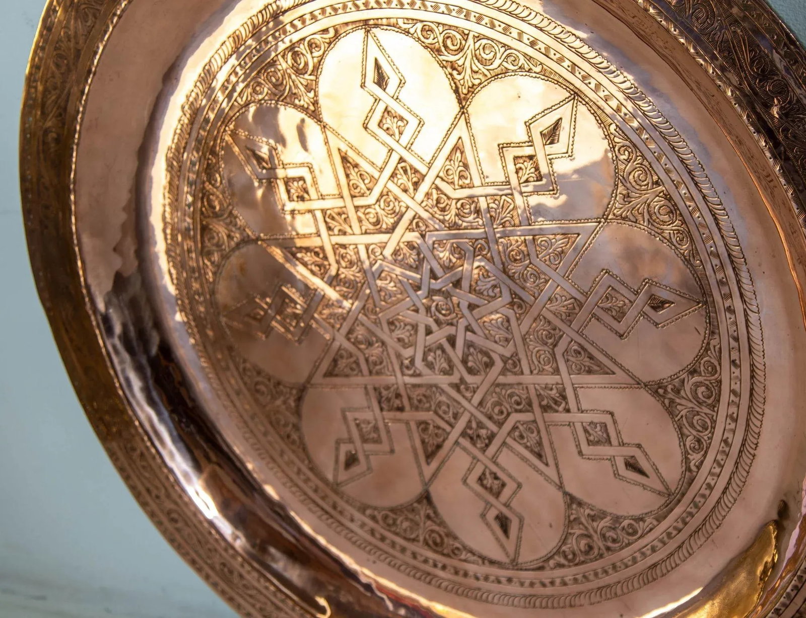 1920s Antique Hand Tooled Oversized Moroccan Metal Copper Tray 31 In. D. - 9