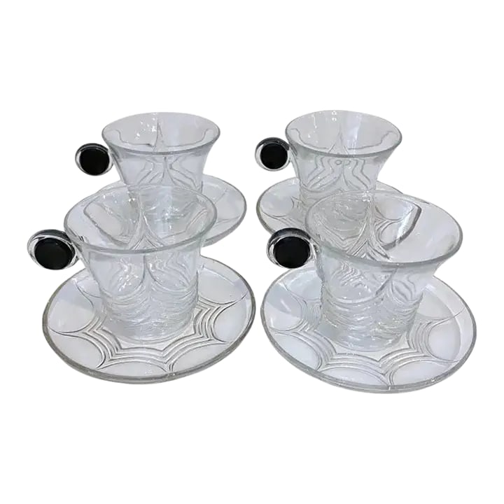 Early 20th Century Art Deco Heisey Glass 'Stanhope' Cups & Saucers, by Walter Von Hessen - Set of 4: 4 Art Deco Heisey Glass 'Stanhope' Cups & Saucers, by Walter Von Hessen A.H. Heisey Company was formed in Newark, Ohio, in 1895, closed in 1957 Pattern - Stanhope by Heisey Discontinued 1936 - 1937 Th