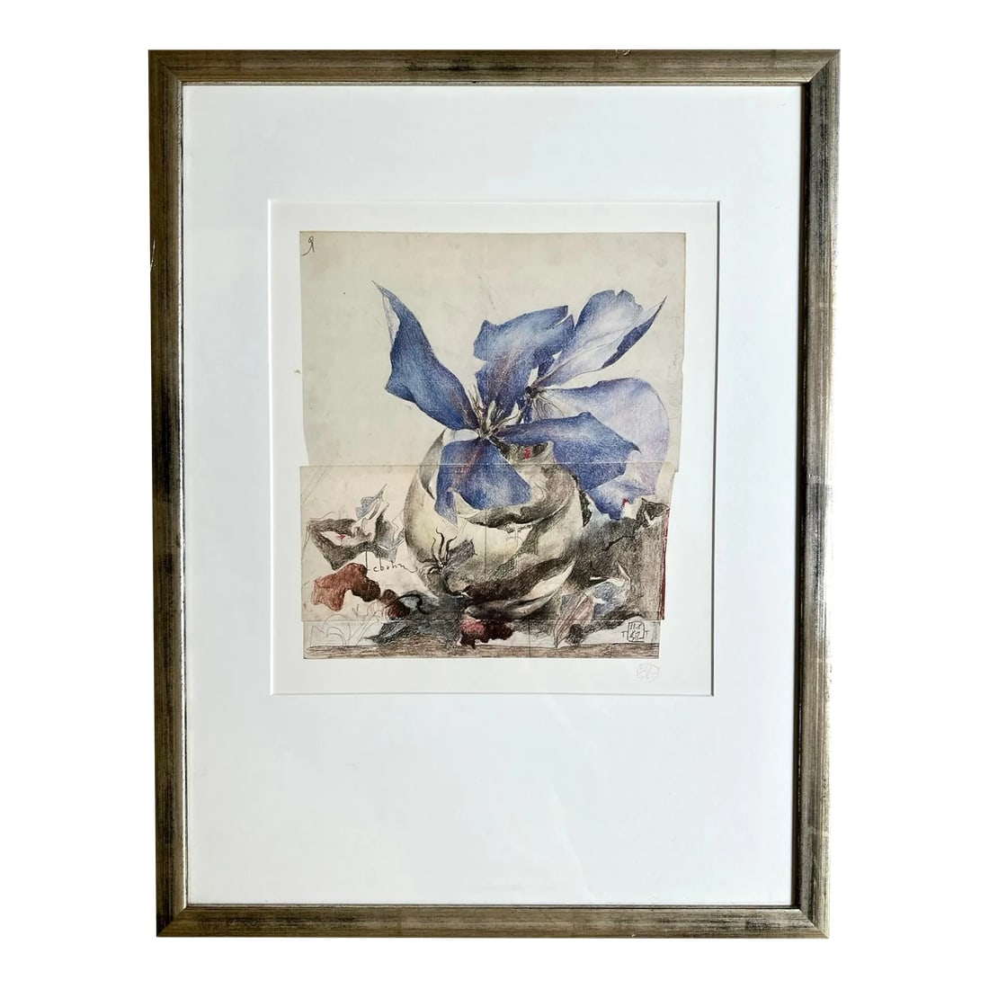 Horst Janssen Blue Floral 1987 Offset Lithograph Germany, Framed: Horst Janssen Blue Floral 1987 Offset Lithograph Red Stamped Germany Framed under glass Frame size 18.5" wide x 24" tall Matted Lithograph site size 12" wide x 13" tall Minor wear to silver toned