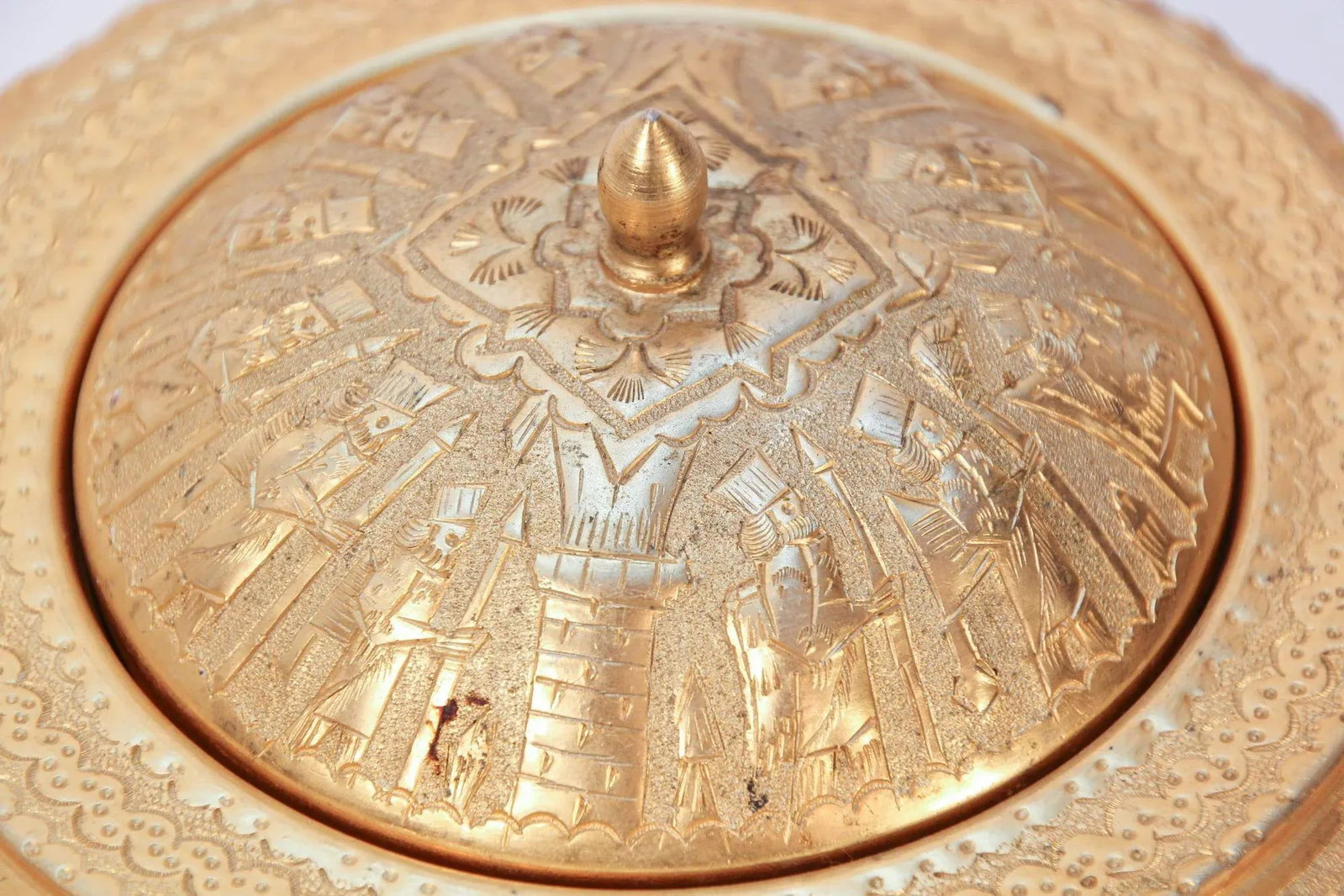 Vintage Gold Tone Islamic Moorish Roll Top Caviar Footed Dish Server 1960s - 10