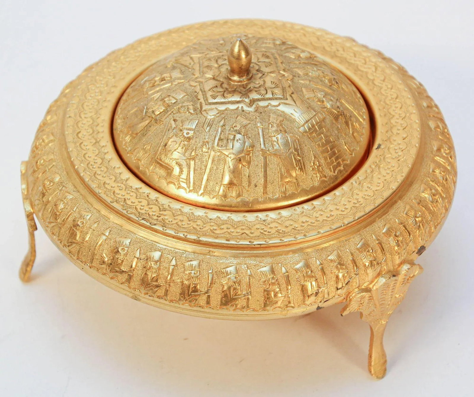 Vintage Gold Tone Islamic Moorish Roll Top Caviar Footed Dish Server 1960s - 11