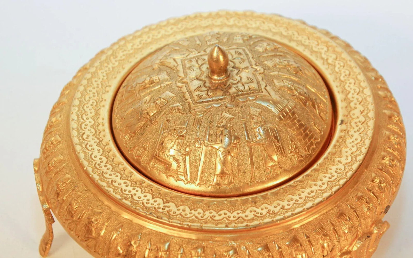 Vintage Gold Tone Islamic Moorish Roll Top Caviar Footed Dish Server 1960s - 12
