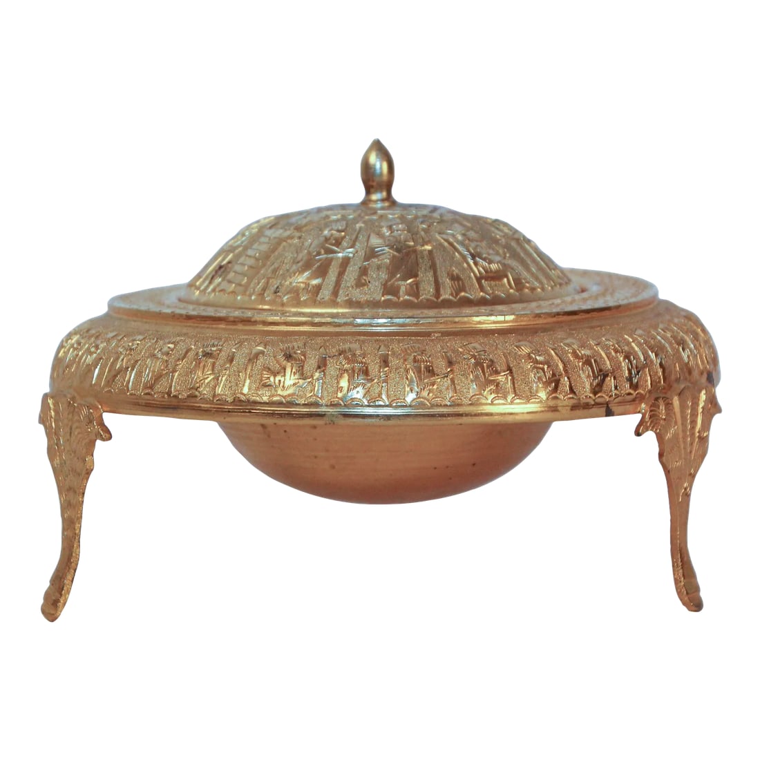 Vintage Gold Tone Islamic Moorish Roll Top Caviar Footed Dish Server 1960s (1 of 12)