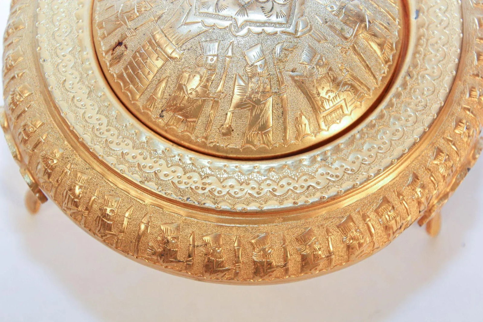 Vintage Gold Tone Islamic Moorish Roll Top Caviar Footed Dish Server 1960s - 6