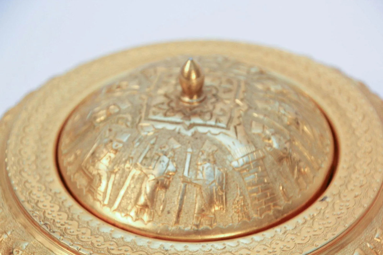Vintage Gold Tone Islamic Moorish Roll Top Caviar Footed Dish Server 1960s - 8