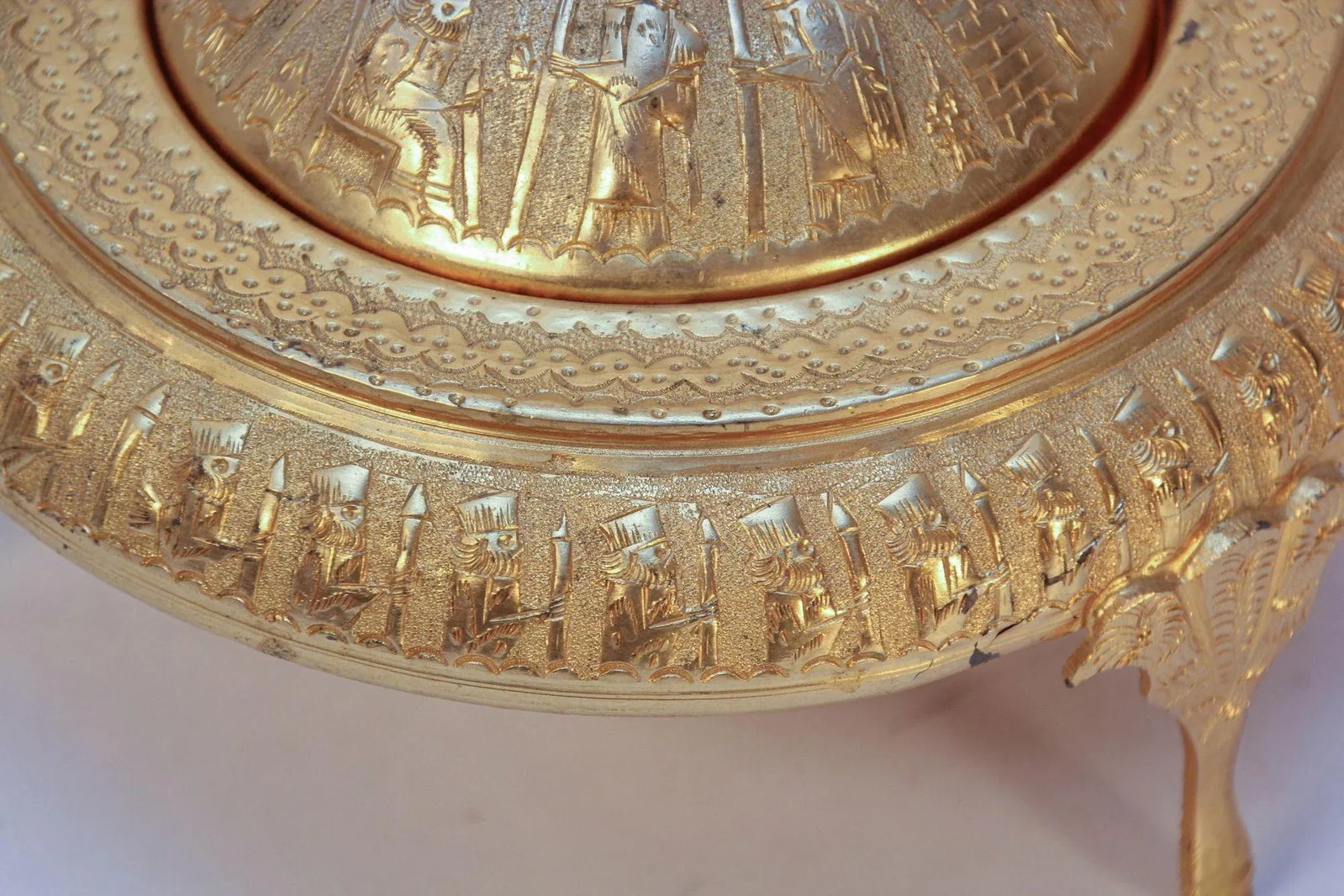 Vintage Gold Tone Islamic Moorish Roll Top Caviar Footed Dish Server 1960s - 9