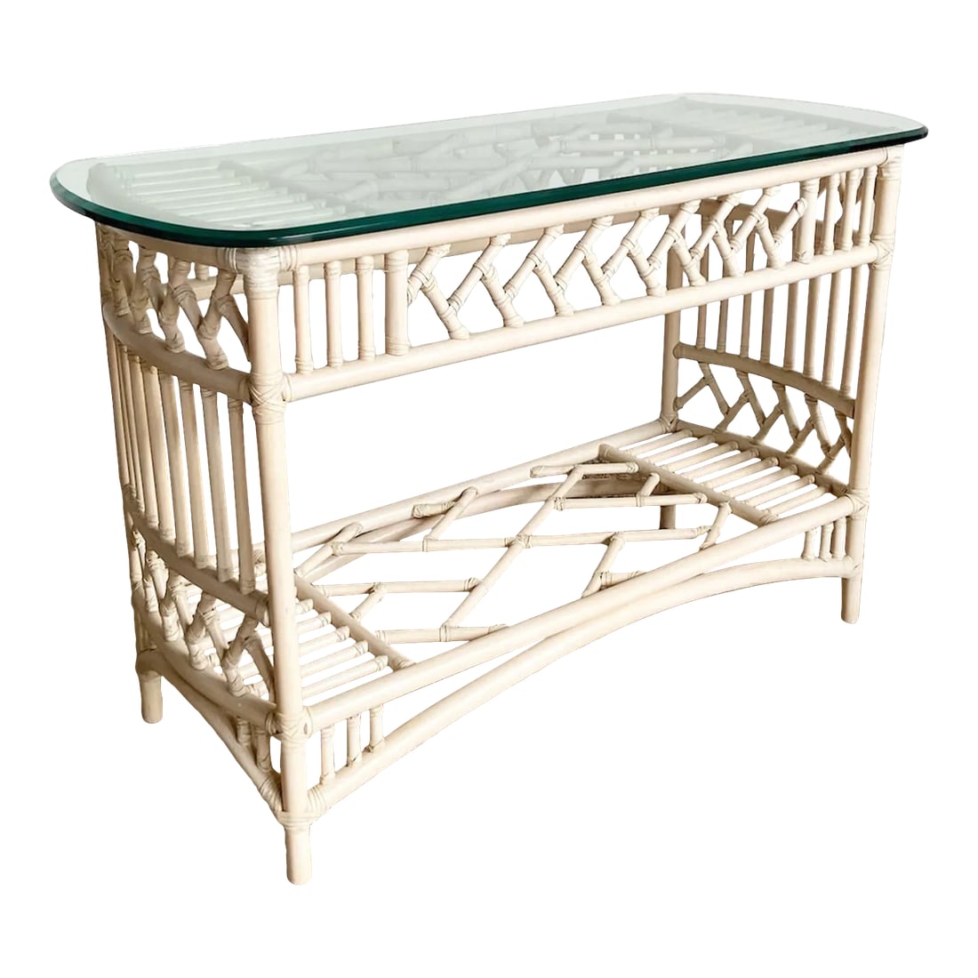 Boho Chic Bamboo Rattan Glass Top Console Table: This Boho Chic console table showcases a carefully crafted bamboo and rattan base, offering a textural and natural aesthetic. Topped with a sleek glass surface, the table combines traditional