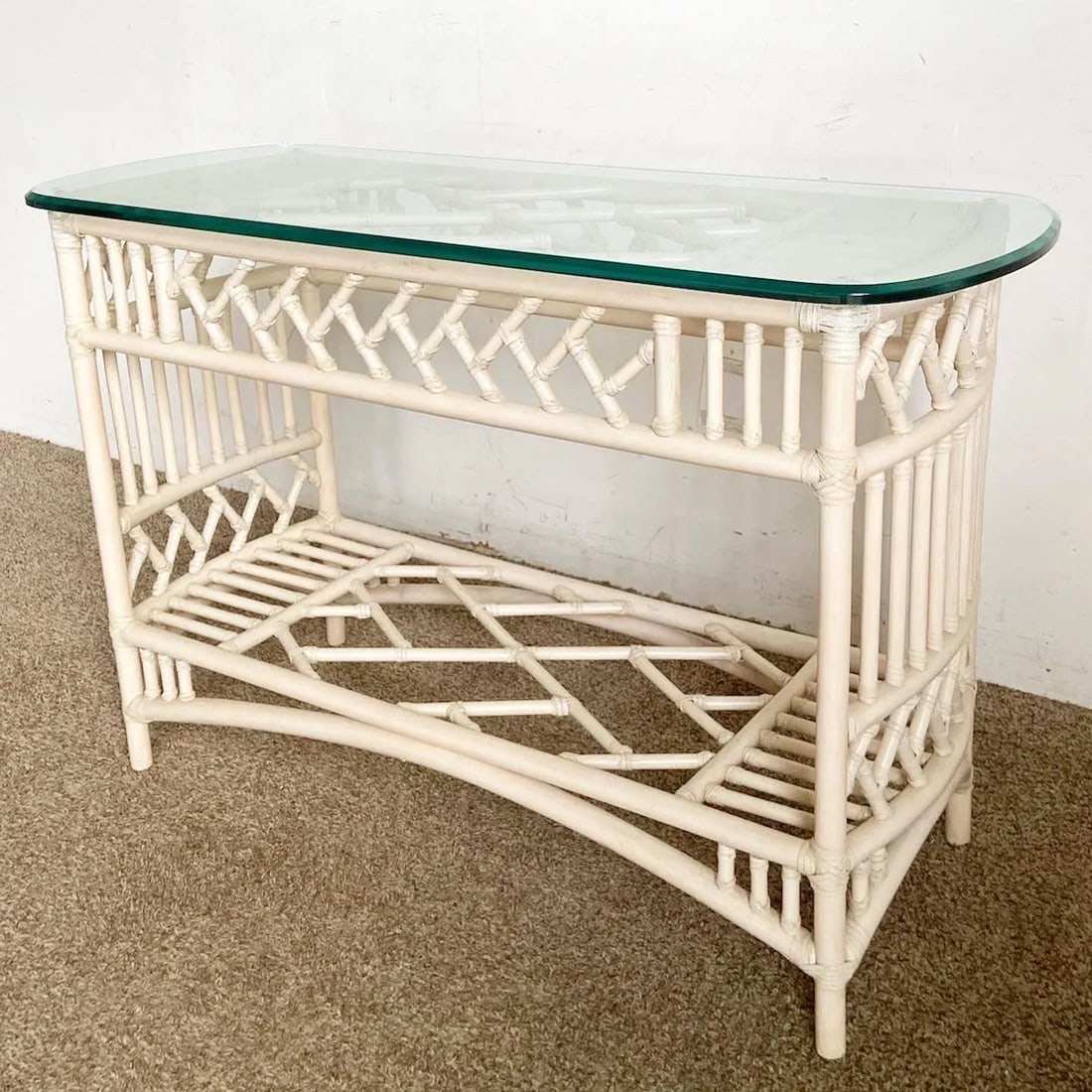 Boho Chic Bamboo Rattan Glass Top Console Table - 2