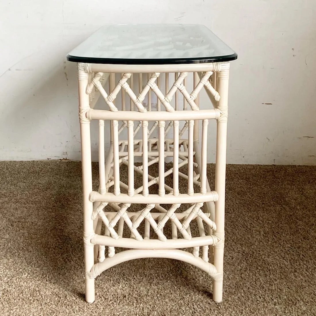 Boho Chic Bamboo Rattan Glass Top Console Table - 4