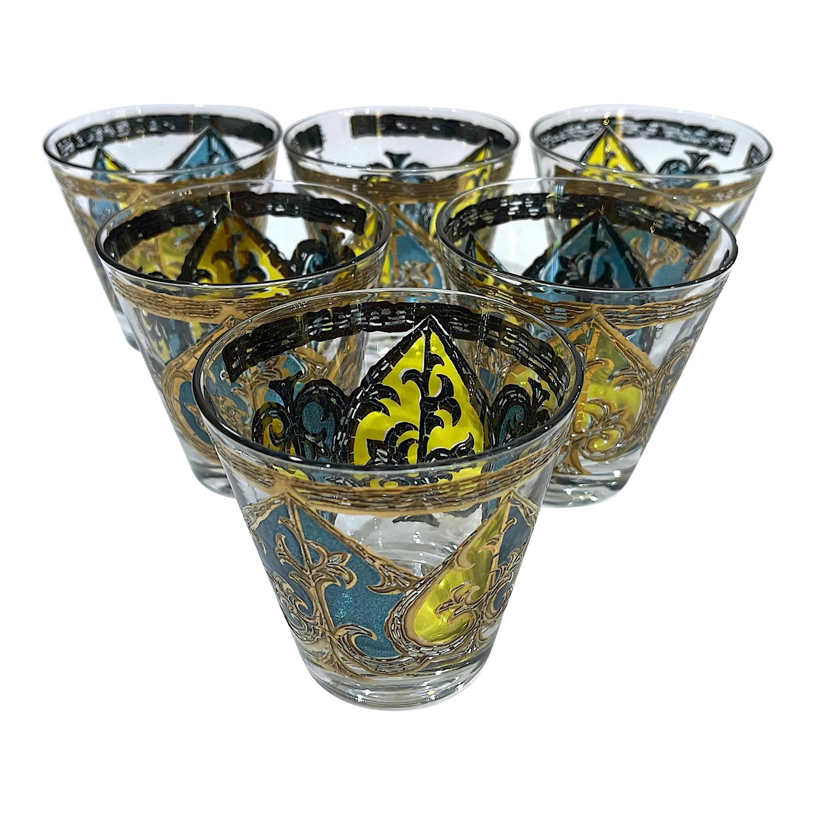 Mid 20th Century Georges Briard "Spades" Double Shot Old Fashioned Glasses - Set 6: Georges Briard is considered one of the preeminent American mid-century-modern designers of decor and tableware. His distinctive gold overlayed patterns were applied to barware, trays, plates, and