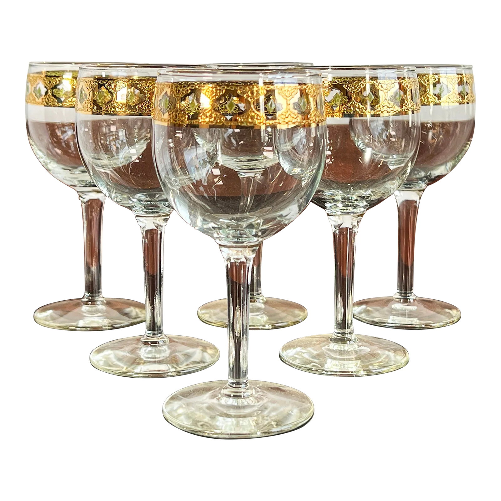 Hollywood Regency Culver Gold RImmed Small Wine / Cocktail Glasses - Set of 6: Impressive collection of 6 small wine glasses with gold rims by Culver! I believe these are from the Valencia pattern, and they are in excellent vintage condition, showing age-appropriate wear. Each