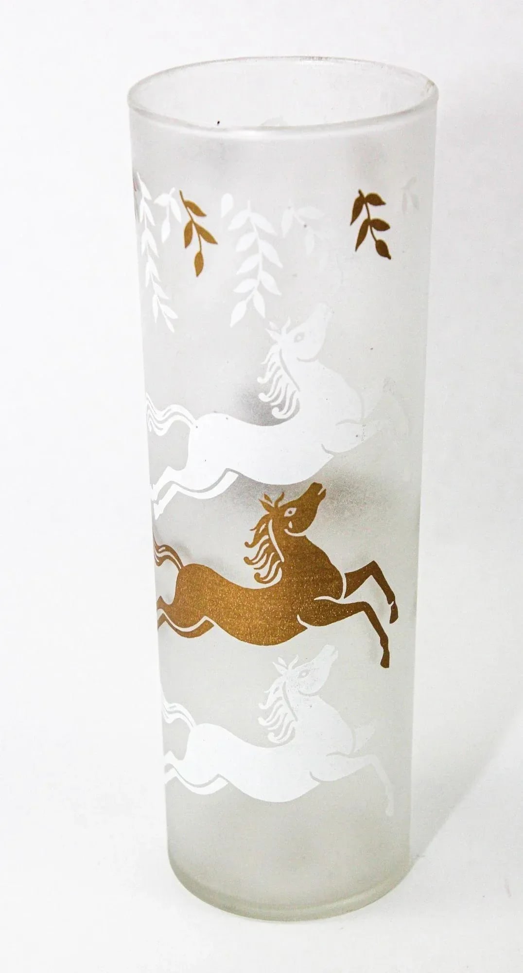 Equestrian Frosted and Gold Drink Glasses Cavalcade by Libbey Galloping Horses - 12