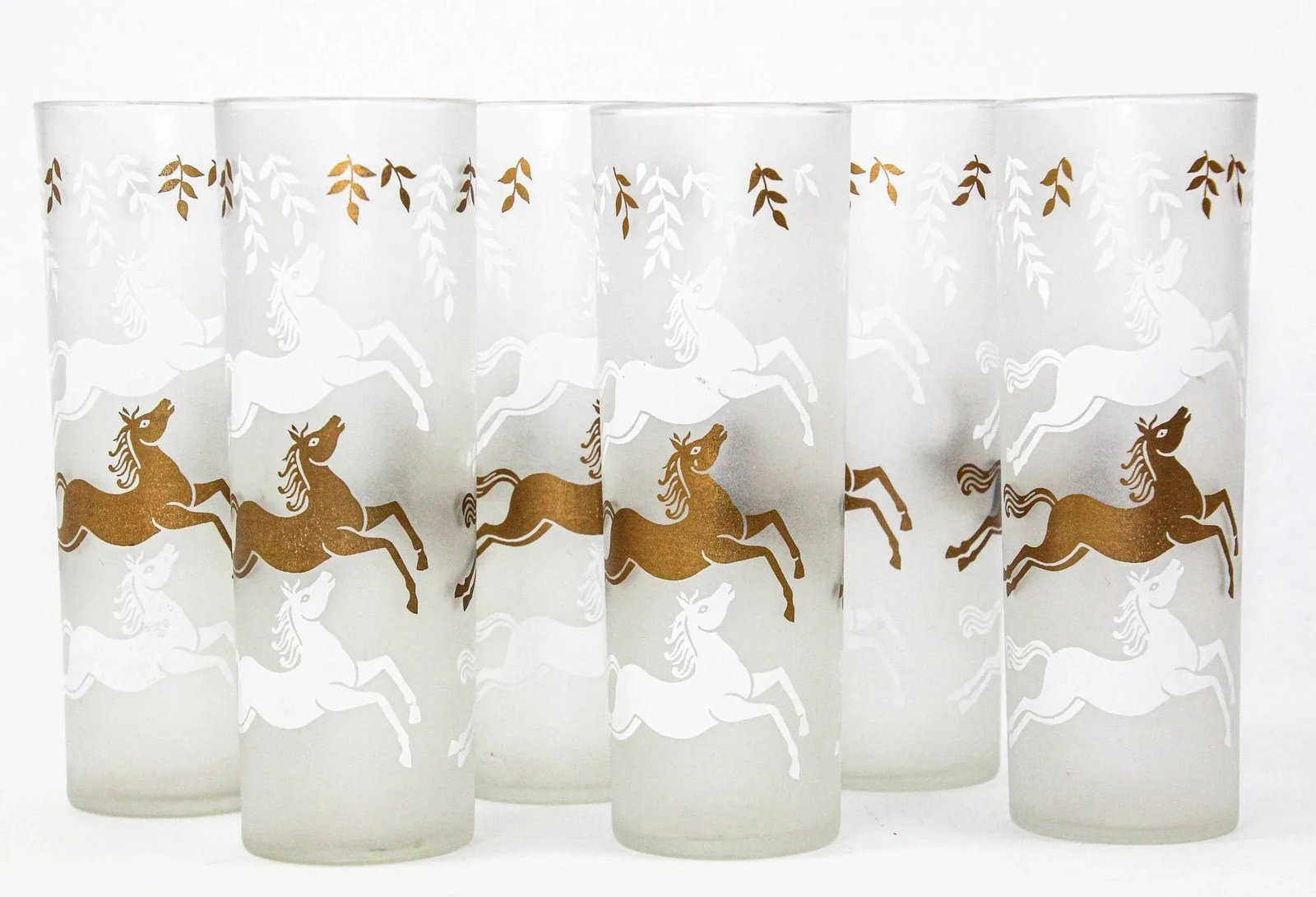 Equestrian Frosted and Gold Drink Glasses Cavalcade by Libbey Galloping Horses - 2
