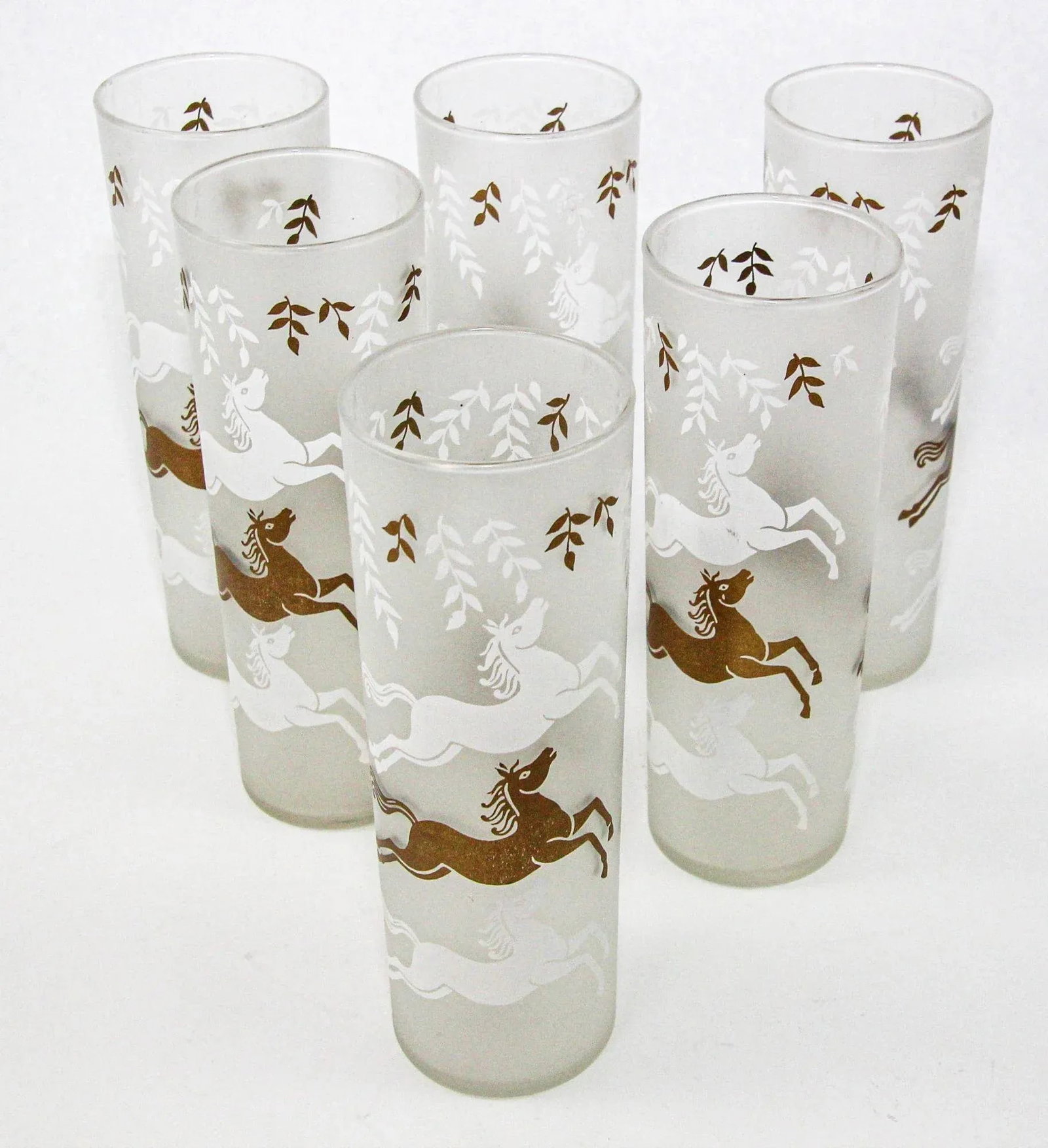 Equestrian Frosted and Gold Drink Glasses Cavalcade by Libbey Galloping Horses - 4