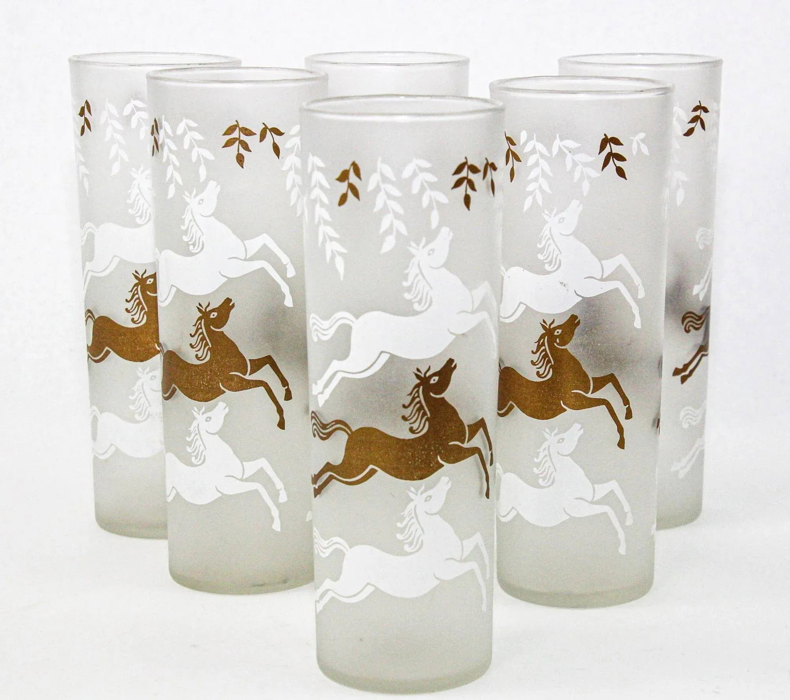 Equestrian Frosted and Gold Drink Glasses Cavalcade by Libbey Galloping Horses - 5